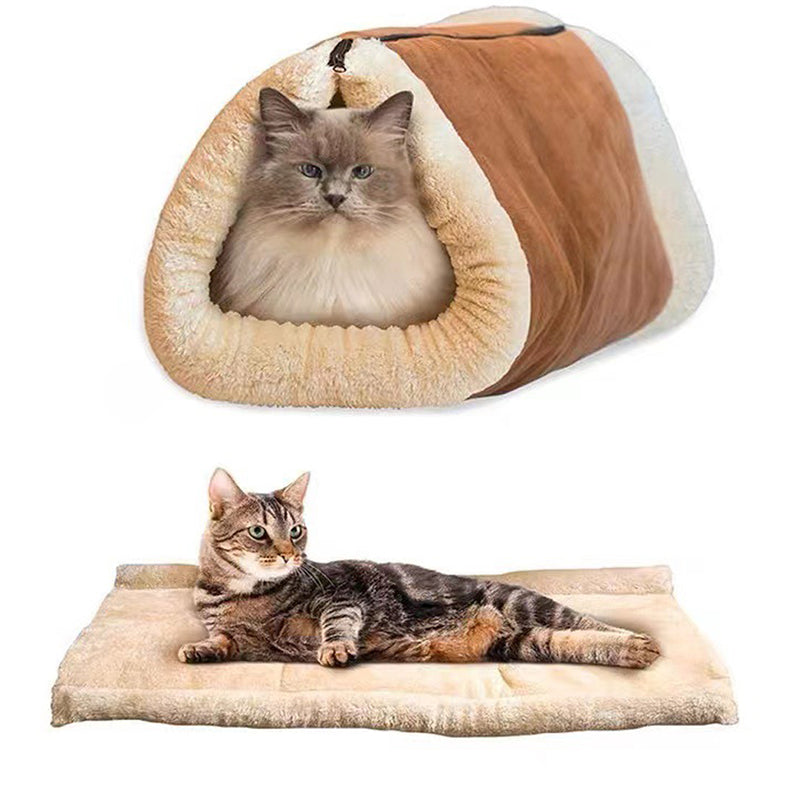 2 in 1 Tunnel Bed and Mat Thermal Self Heating Bed for Pet - Brown