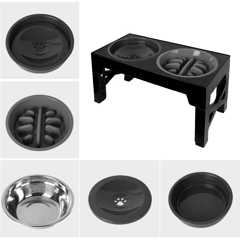 Raised Slow Feeder Bowls, Elevated Feeding Bowl with 5 Heights Adjustable - Black